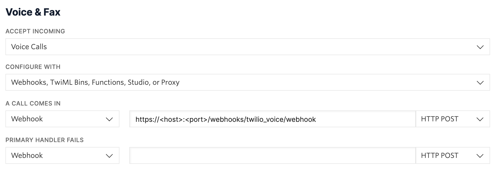 Screenshot of Twilio Console to Set Webhook